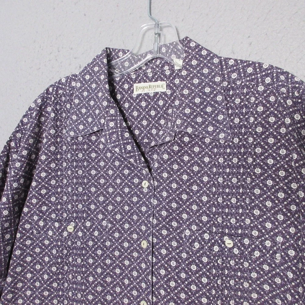 Vintage‎ Banana Republic Shirt Men Button L Purple Floral 90s Cotton Hong Kong